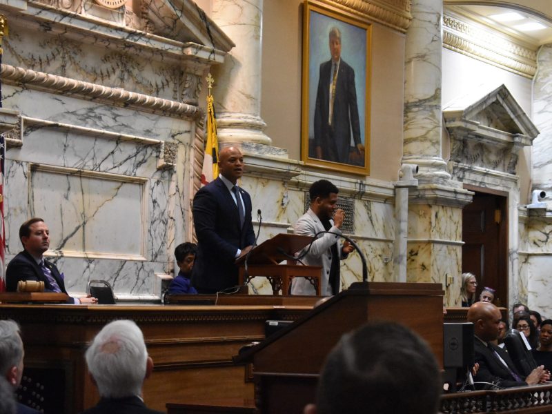 Gov. Wes Moore delivers his State of the State address before a joint session of the Maryland General Assembly on Feb. 7, 2024. (Kiersten Hacker/Capital News Service)